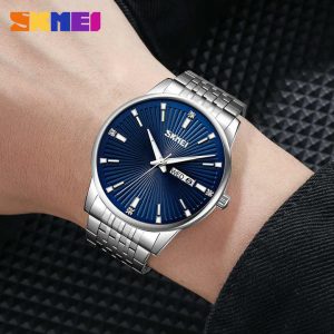 SKMEI 9323 Men's Fashion Quartz Watch 100% Waterproof Stainless Steel Wristwatch Silver Blue. - Image 2