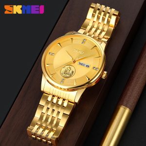 SKMEI 9393 Stainless Steel Waterproof Men Watch Gold. - Image 3