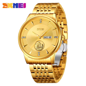 SKMEI 9309 Stainless Steel Strap Waterproof Men Watch Full Gold.