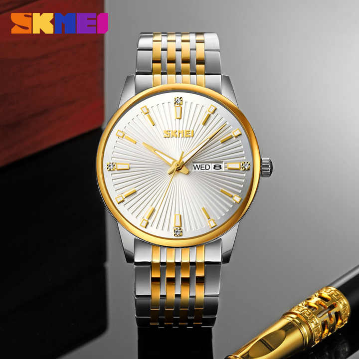 SKMEI 9323 Men's Fashion Quartz Watch 100% Waterproof Stainless Steel Wristwatch Silver Gold White.