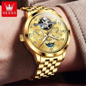 OLEVS 7018 Luxury Brand Men Mechanical & Automatic Wristwatches Full Gold. - Image 5