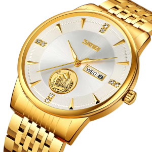 SKMEI 9309 Stainless Steel Strap Waterproof Men Watch Gold White.