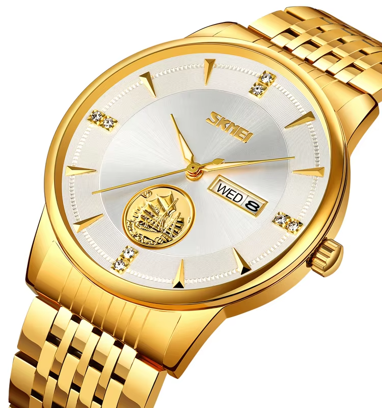 SKMEI 9309 Stainless Steel Strap Waterproof Men Watch Gold White.