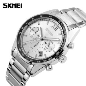 SKMEI 9096 Stainless Steel For Men Waterproof Watch Silver White. - Image 5