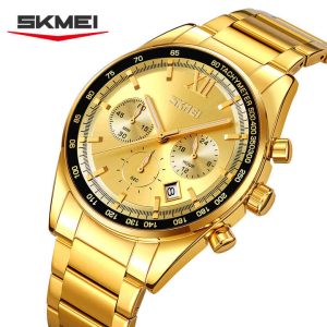 SKMEI 9096 Stainless Steel For Men Waterproof Watch Gold. - Image 2