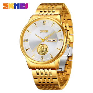 SKMEI 9309 Stainless Steel Strap Waterproof Men Watch Gold White.