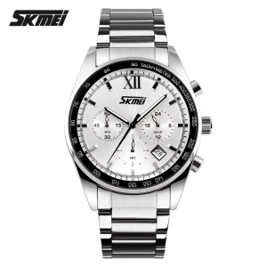 SKMEI 9096 Stainless Steel For Men Waterproof Watch Silver White. - Image 1