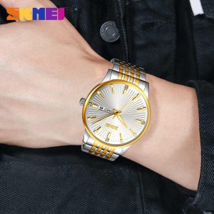 SKMEI 9323 Men's Fashion Quartz Watch 100% Waterproof Stainless Steel Wristwatch Silver Gold White. - Image 2