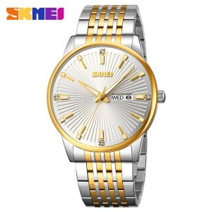 SKMEI 9323 Men's Fashion Quartz Watch 100% Waterproof Stainless Steel Wristwatch Silver Gold White.