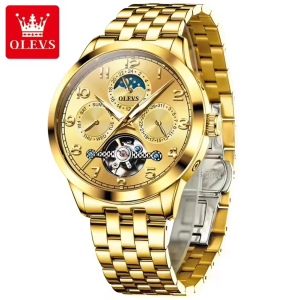 OLEVS 7018 Luxury Brand Men Mechanical & Automatic Wristwatches Full Gold. - Image 1