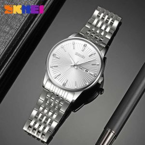 SKMEI 9323 Men's Fashion Quartz Watch 100% Waterproof Stainless Steel Wristwatch Silver. - Image 2