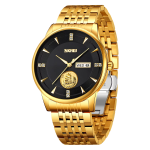 SKMEI 9309 Stainless Steel Strap Waterproof Men Watch Gold Black. - Image 2