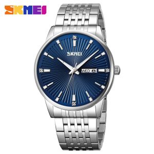 SKMEI 9309 Men's Fashion Quartz Watch 100% Waterproof Stainless Steel Wristwatch Silver Blue.