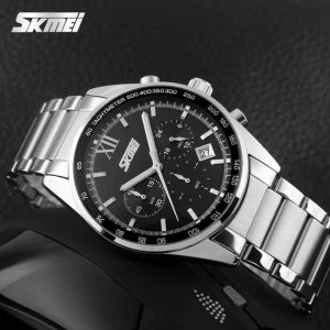 SKMEI 9096 Stainless Steel For Men Waterproof Watch Silver Black. - Image 2