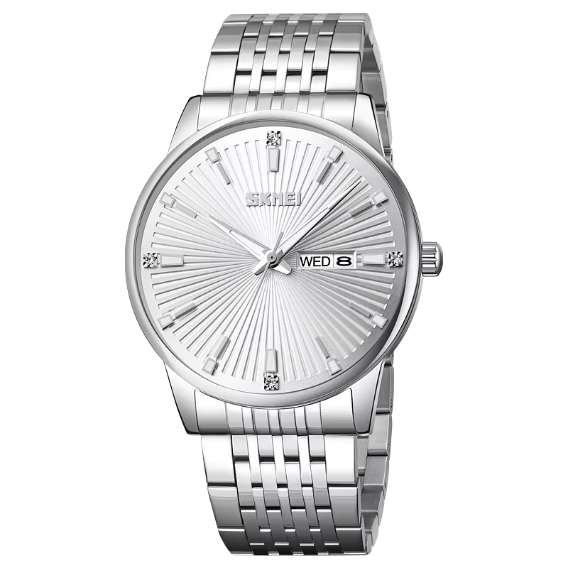 SKMEI 9323 Men's Fashion Quartz Watch 100% Waterproof Stainless Steel Wristwatch Silver.