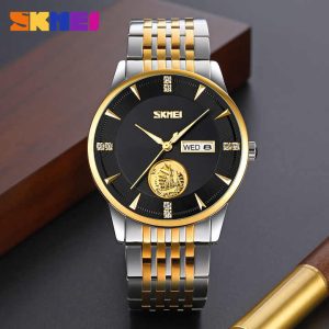 SKMEI 9309 Stainless Steel Strap Waterproof Men Watch Silver Gold Black. - Image 3