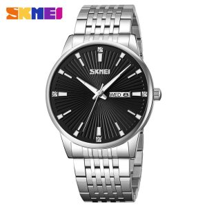 SKMEI 9323 Men's Fashion Quartz Watch 100% Waterproof Stainless Steel Wristwatch Silver Black.