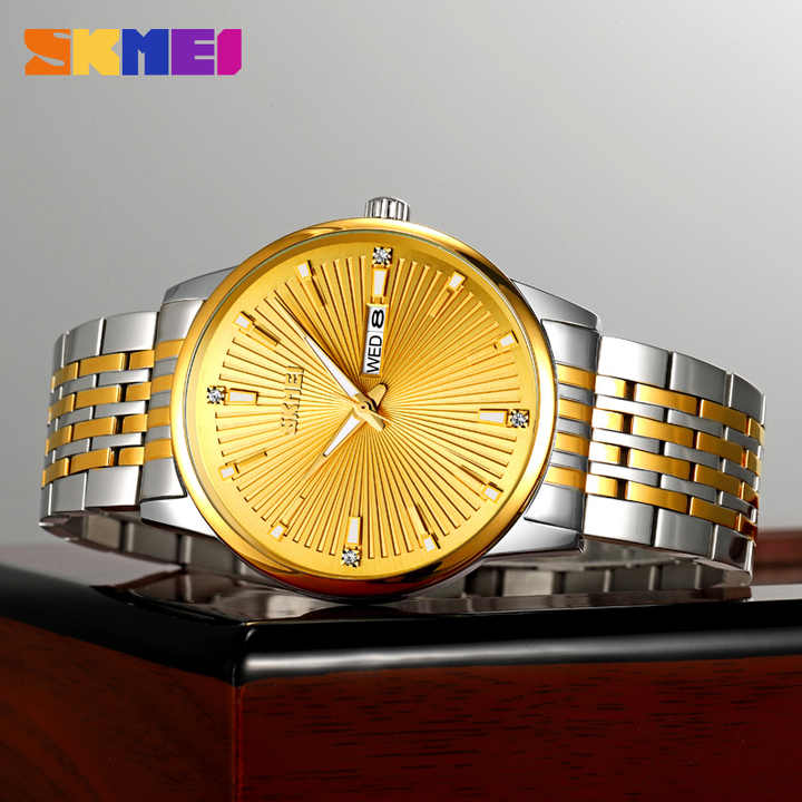 SKMEI 9323 Men's Fashion Quartz Watch 100% Waterproof Stainless Steel Wristwatch Silver Gold.