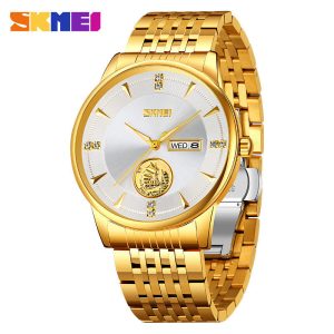 SKMEI 9309 Stainless Steel Strap Waterproof Men Watch Gold White.