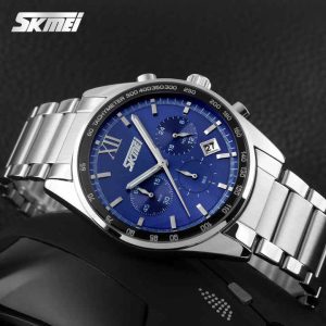 SKMEI 9096 Stainless Steel For Men Waterproof Watch Silver Blue. - Image 2