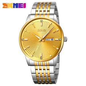 SKMEI 9323 Men's Fashion Quartz Watch 100% Waterproof Stainless Steel Wristwatch Silver Gold.