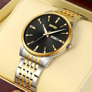 SKMEI 9323 Men's Fashion Quartz Watch 100% Waterproof Stainless Steel Wristwatch Silver Gold Black. - Image 2