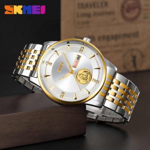SKMEI 9309 Stainless Steel Strap Waterproof Men Watch Silver Gold White. - Image 3