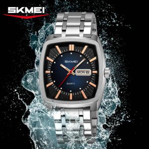 Skmei 9354 Stainless Steel Men Elegance & 100% Waterproof Watches Silver Black Blue. - Image 1