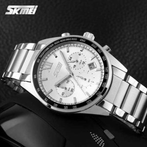 SKMEI 9096 Stainless Steel For Men Waterproof Watch Silver White. - Image 3
