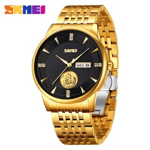 SKMEI 9309 Stainless Steel Strap Waterproof Men Watch Gold Black.