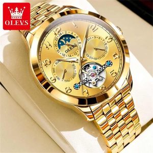 OLEVS 7018 Luxury Brand Men Mechanical & Automatic Wristwatches Full Gold. - Image 4