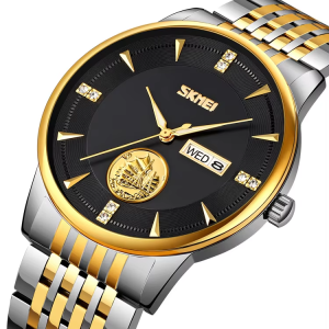 SKMEI 9309 Stainless Steel Strap Waterproof Men Watch Silver Gold Black. - Image 1