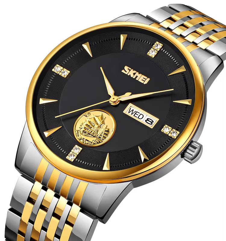 SKMEI 9309 Stainless Steel Strap Waterproof Men Watch Silver Gold Black.
