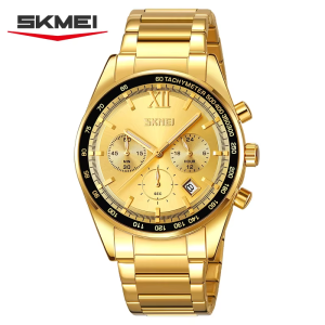 SKMEI 9096 Stainless Steel For Men Waterproof Watch Gold. - Image 1