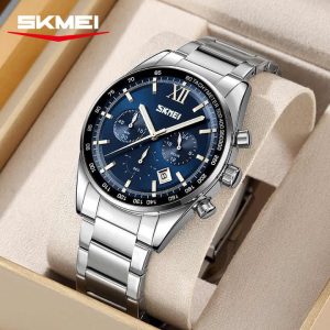 SKMEI 9096 Stainless Steel For Men Waterproof Watch Silver Blue. - Image 3