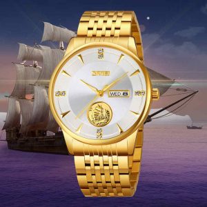 SKMEI 9309 Stainless Steel Strap Waterproof Men Watch Gold White. - Image 2