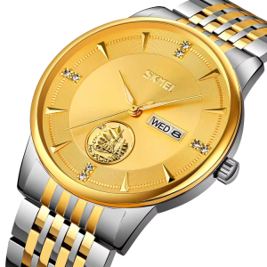SKMEI 9309 Stainless Steel Strap Waterproof Men Watch Silver Gold. - Image 1