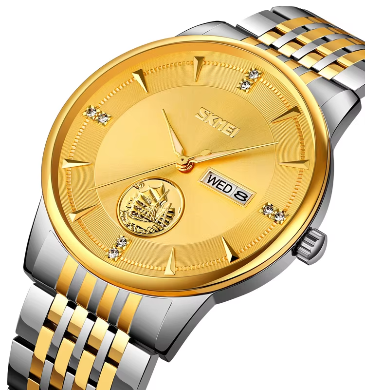 SKMEI 9309 Stainless Steel Strap Waterproof Men Watch Silver Gold.