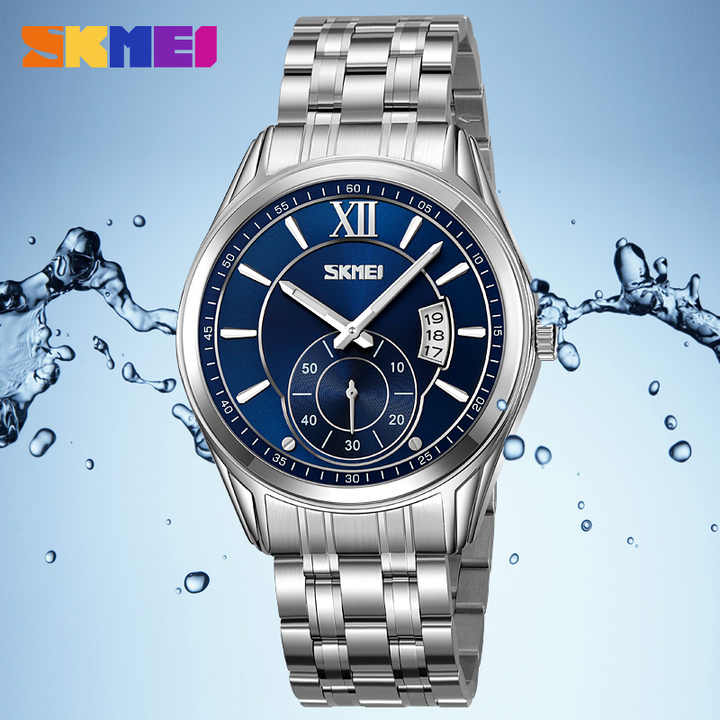 Skmei 9319 Stainless Steel Men Elegance & 100% Waterproof Watches Silver Blue.
