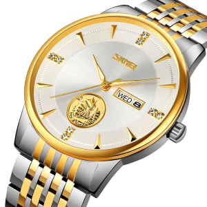 SKMEI 9309 Stainless Steel Strap Waterproof Men Watch Silver Gold White.
