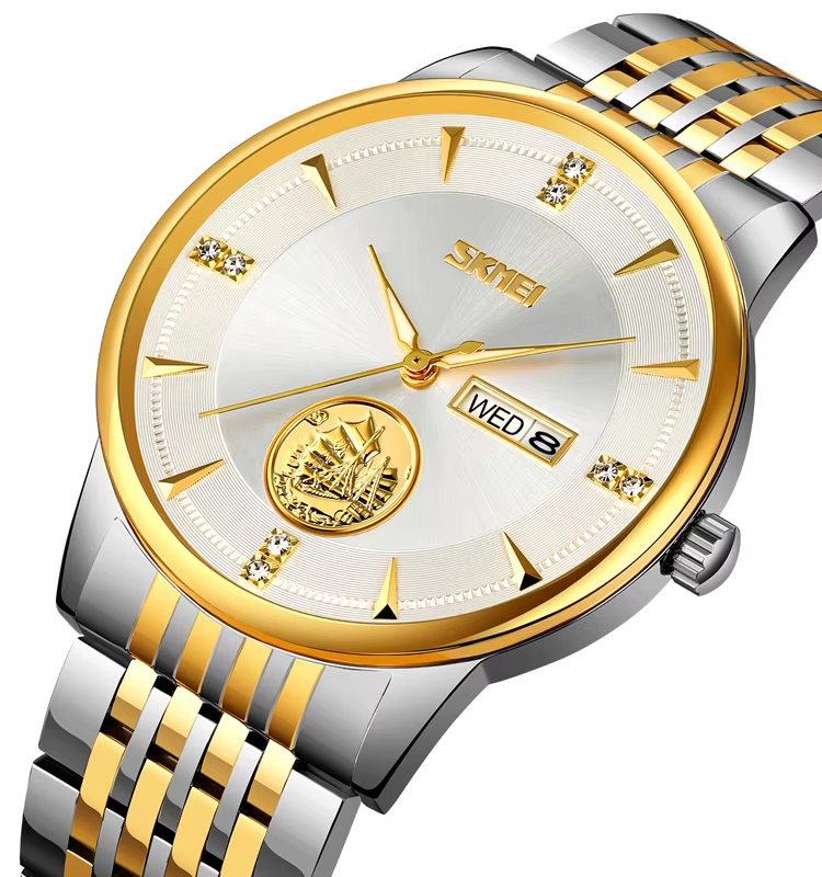 SKMEI 9309 Stainless Steel Strap Waterproof Men Watch Silver Gold White.