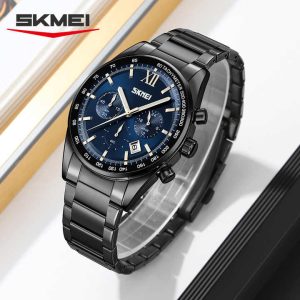 SKMEI 9096 Stainless Steel For Men Waterproof Watch Black Blue. - Image 2