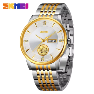 SKMEI 9309 Stainless Steel Strap Waterproof Men Watch Silver Gold White.