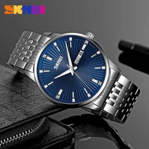 SKMEI 9323 Men's Fashion Quartz Watch 100% Waterproof Stainless Steel Wristwatch Silver Blue. - Image 1