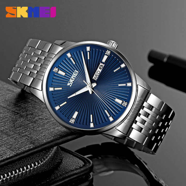 SKMEI 9323 Men's Fashion Quartz Watch 100% Waterproof Stainless Steel Wristwatch Silver Blue.