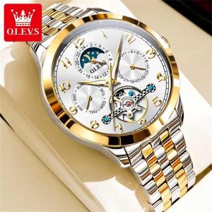 OLEVS 7018 Luxury Brand Men Mechanical & Automatic Wristwatches Silver Gold White. - Image 2