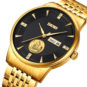SKMEI 9309 Stainless Steel Strap Waterproof Men Watch Gold Black.