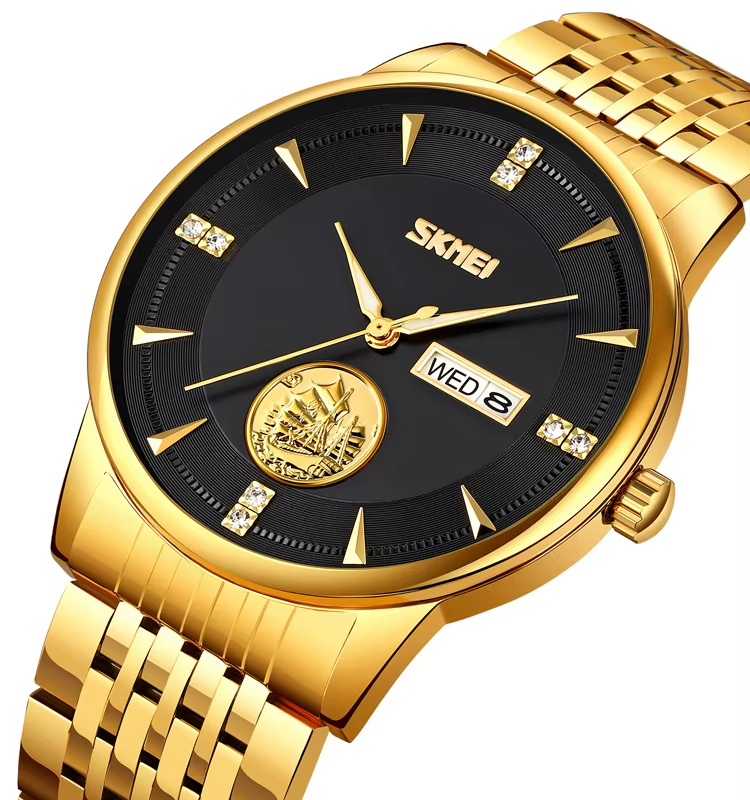 SKMEI 9309 Stainless Steel Strap Waterproof Men Watch Gold Black.