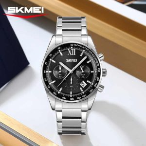 SKMEI 9096 Stainless Steel For Men Waterproof Watch Silver Black. - Image 3