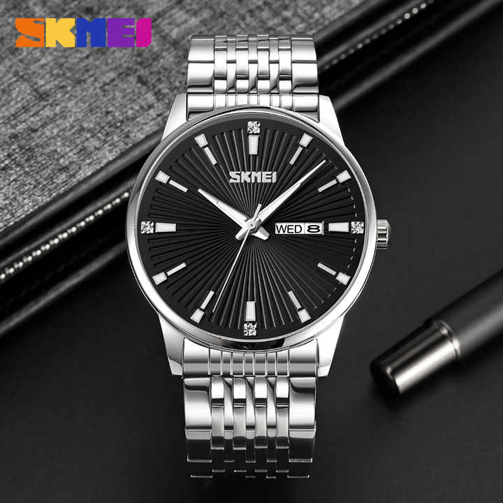 SKMEI 9323 Men's Fashion Quartz Watch 100% Waterproof Stainless Steel Wristwatch Silver Black.
